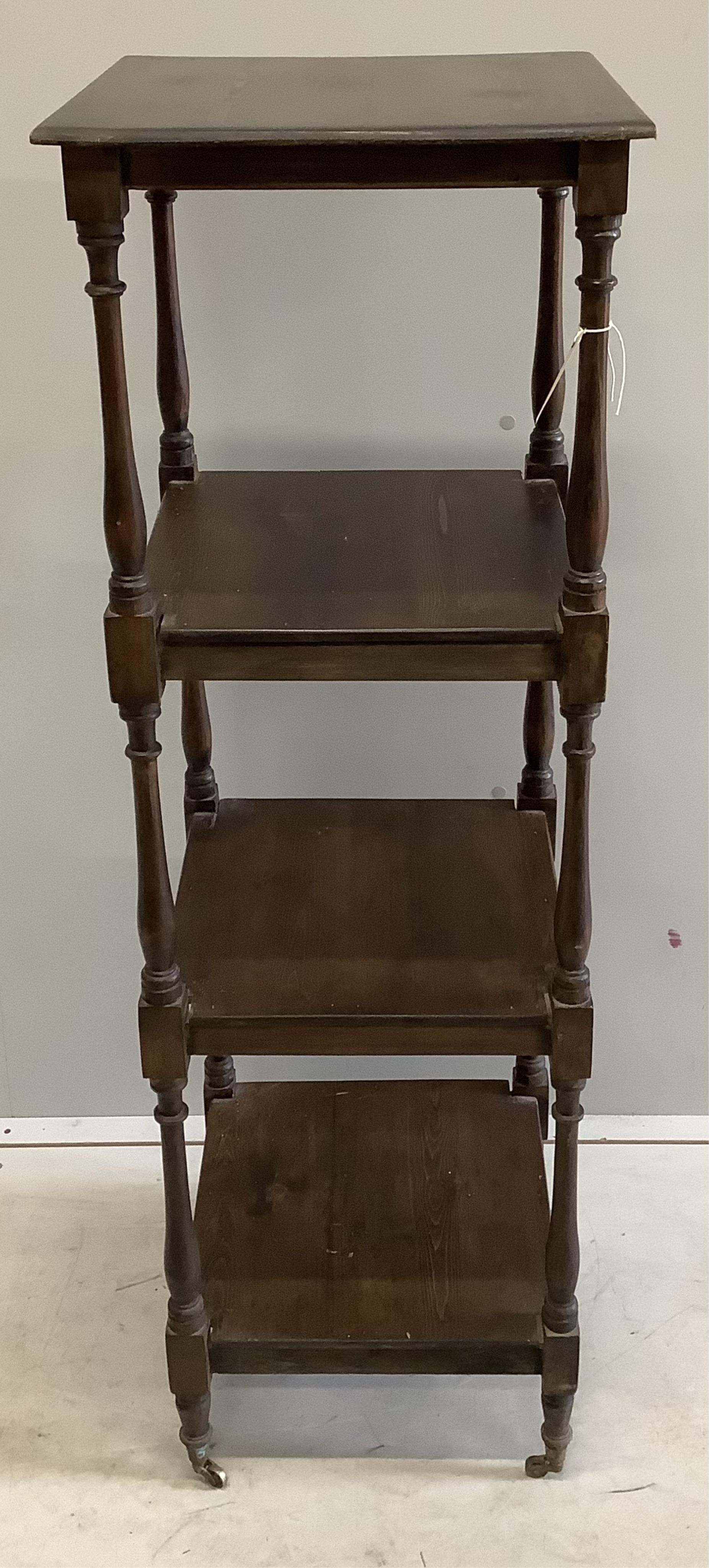 A Victorian style pine four tier whatnot, width 42cm, depth 41cm, height 127cm. Condition - fair